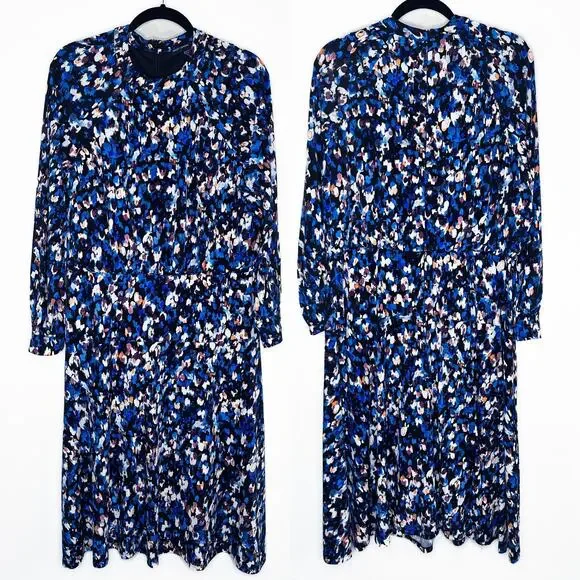 Maggy London Raglan Long Sleeve Crew Neck Blue Speckled Print Blouson Midi Dress - Picture 2 of 14